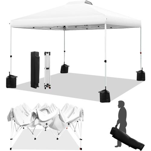 WEIZE Pop up Canopy Tent 10x10ft, 1-Button Push Setup, Instant Portable Shelter, Adjustable Height, Portable Roller Bag, 4 Weight Bags, Guy Ropes & Stakes Included, White