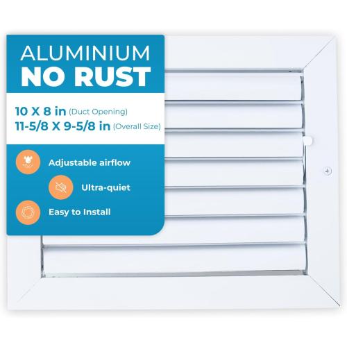 Aluminum 10 x 8 in (Duct Opening) 1-Way Air Duct Register Vent Cover for Ceiling and Wall - Modern HVAC Louver Vent Cover Adjustable – Durable Rustproof Wall Grille – Overall Size 11-5/8 x 9-5/8 Inch