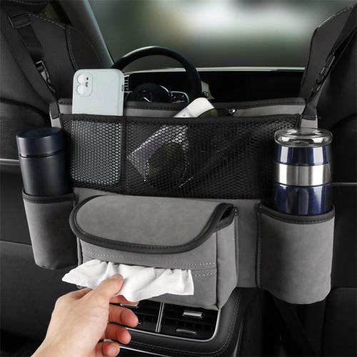 Car Organizer, Leather Large Capacity Car Purse Holder Between Seats, Seat Back Net Bag Double-sided Tissue Storage Handbag Holder Car Divider (Black)