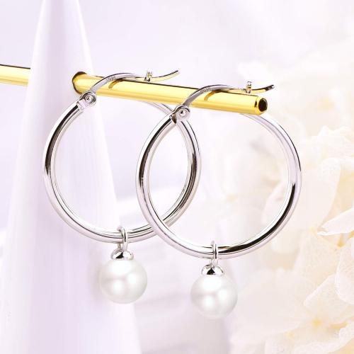 JO WISDOM 925 Sterling Silver Hoop Earrings with Simulated Danlge Pearl(white/Black)