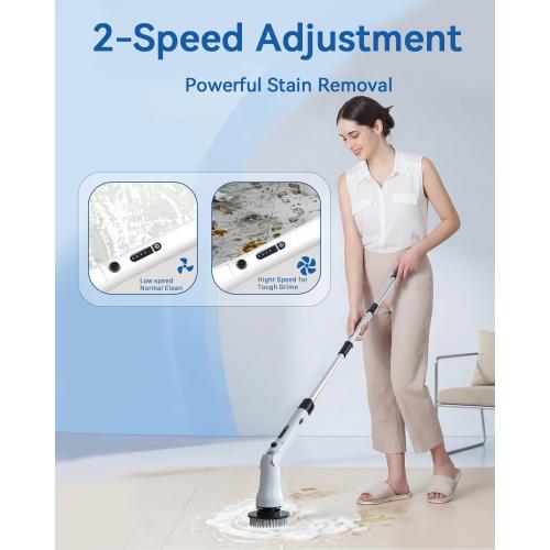 Electric Spin Scrubber, Hillyfe Bathroom Scrubber Electric with 7 Replaceable Brush Heads, IPX7 Waterproof,300/400 RPM, 3 Adjustable Length,Scrubber Brush Electric for Bathtub Floor,White