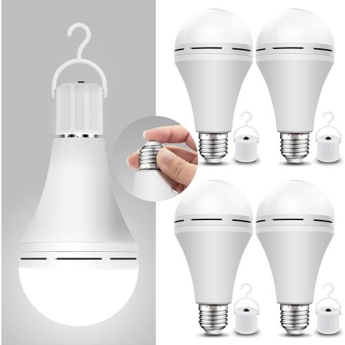 Neporal 4 Pack Emergency-Rechargeable-Light-Bulb, Stay Lights Up When Power Failure, 1200mAh 15W 80W Equivalent LED Light Bulbs for Home, Camping, Tent (E27, with Hook) (Daylight)