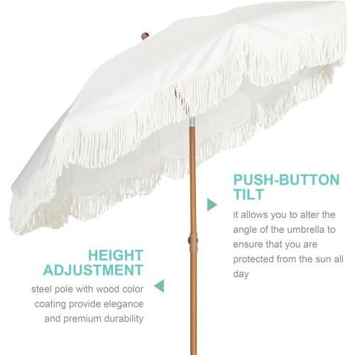 AMMSUN Boho Fringe Umbrella Outdoor Patio, 6.5ft UPF50  Picnic Umbrella with Tassels with Steel Pole and Push Button Tilt, Antique White