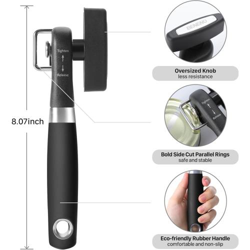 Can Opener, Safe Side Cut Manual Can Opener with Durable Sharp Blade, Smooth Edge Cutting, Effortless Big Knob, Comfortable Grip Handle, Black