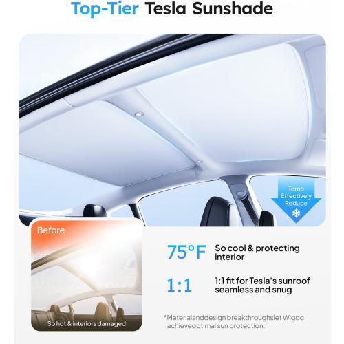 Wigoo Tesla Model 3 Sunshade Roof [Never Sag, Nano Ice-Crystal Coatings] 3-Gen Heat Insulation Glass Roof Sun Shade, Accessories for Tesla Model 3 2020~2026 Highland, Interior Gray
