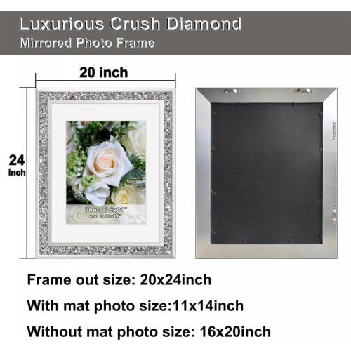 Big Mirror Photo Frame 16x20inch Mat To 11x14inch Crushed Diamond Bling Sparkle Home Decor, 2 Pack Crystal Silver Glass Wedding Picture Poster Wall Frame.