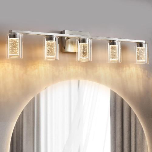 SADENICEL 5 Light Bathroom Light Fixtures, Brushed Nickel Vanity Lights Crystal Dimmable LED White/Neutral/Warm Bathroom Lights Over Mirror for Bathroom, Bedroom,Living Room (5 Light)