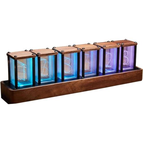 Adventurers Nixie Tube Clock , Cool Clock, Retro Wooden Shell /LED Full Color Custom RGB and 12/24h Display,Decorate Room