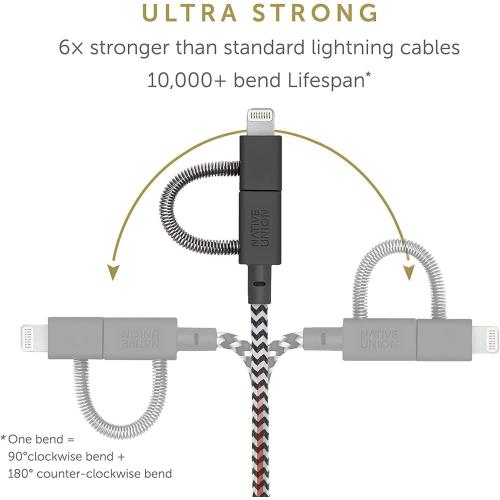 Native Union Belt Cable Universal - 6.5ft Ultra-Strong Reinforced [MFi Certified] Durable Charging Cable with 3-in-1 Adaptor for Lightning, USB-C and Micro-USB Devices (Zebra)