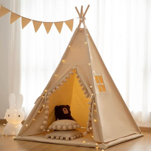 Teepee for Kids Tent Indoor with Floor Mat,Carry Bag,Banner,Play Cottage with Star Light, Cotton Canvas Kids Teepee Tent for Girls & Boys, Pompom Ball Design, Foldable Teepee Tent