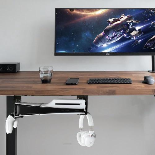 Aluminum Under Desk Mount for PS5/PS5 Slim/ PS5 Pro Digital & Disc, Securing Under Desk Bracket with Detachable Controller & Headphone Holder Kit No Drill (Black)
