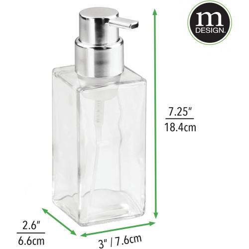 mDesign Glass Refillable Foaming Hand Soap Dispenser Modern Square Pump Bottle for Bathroom Vanities or Kitchen Sink, Countertops - 2 Pack - Clear/Chrome