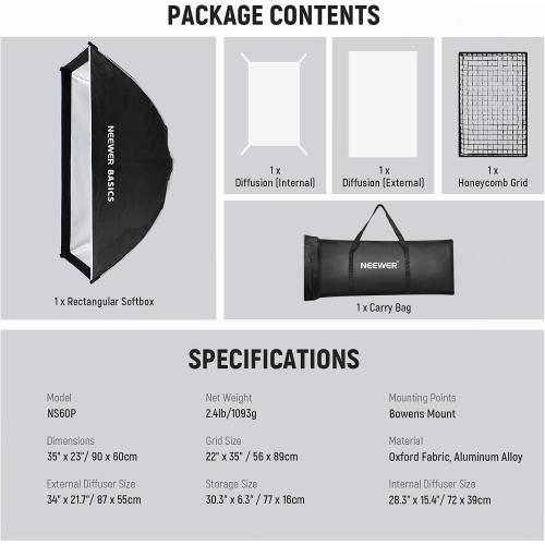 NEEWER Basics Strip Softbox Bowens Mount, 24x35 Quick Release Soft Box Light Diffusers/Grid/Bag Compatible with Aputure 150c Compatible with Godox SL60w, for FS300C FS150B HB80C CB200C Q6, NS60P
