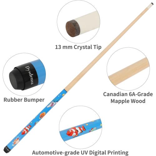 Kids Short Pool Cue Set of 2, Canadian Maple Wood, 4 Sizes (36/42/48/52 Inch) with UV-Printed Fun Designs and Leather Tip