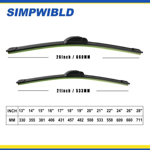 SIMPWIBLD OEM Quality 26 inch   21 inch SIMPWIBLD Premium All Season Automotive Front Windshield Natural Rubber J-Hook Wiper Blades (2 Pack)