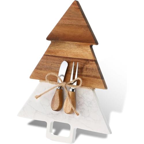 Christmas Tree Shaped Marble Charcuterie Cutting Serving Board with Cheese Utensils Cutting Board with Marble and Natural Wood for Kitchen Wedding Anniversary Bridal Shower Housewarming Gift
