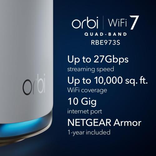 NETGEAR Orbi 970 Series Quad-Band WiFi 7 Mesh Network System (RBE973S), Router   2 Satellite Extenders, Security Features, Up to 27Gbps, Covers Up to 10,000 sq. ft., 200 Devices, 10 Gig Internet Port