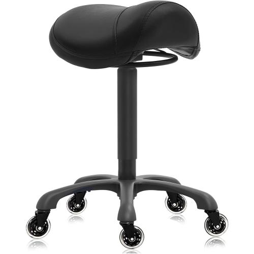 Adjustable Salon Stool with Wheels Rolling Saddle Seat Heavy Duty(400LB),360° Swivel, Ergonomic Stool for Spa, Nails, Massage, Office （Black Leather Hides Dirt Well）