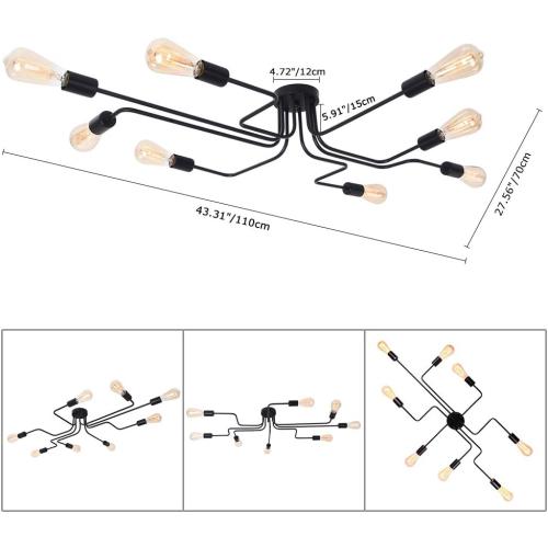 Lingkai 8 Lights Sputnik Ceiling Light Fixture Industrial Chandelier Semi Flush Mount Light Fixtures with Matte Black Finish for Living Room Bedroom Dining Room