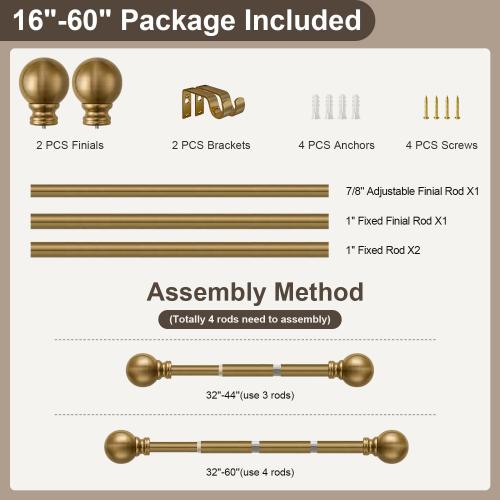 Warm Gold Curtain Rods for Windows Small 28 to 48 Inch 1 Diameter Short