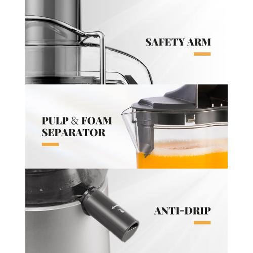 GDOR 1200W Juicer, 3.2 Wide Chute, Titanium-Enhanced Blade, Heavy-Duty Copper Motor, Dual Speed Centrifugal Juice Extractor, BPA-Free, Silver