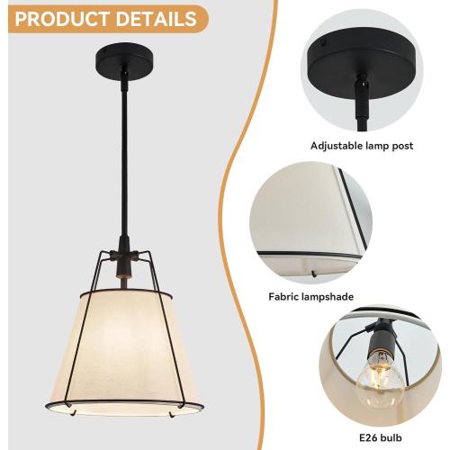 Modern Pendant Light Fixtures with 13 Off-White Linen Fabric Shade, Adjustable Hanging Light Fixture,Drum Black Vintage Chandelier for Kitchen Island Bedroom Dining Room Foyer Entryway