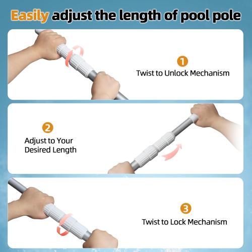Pool Pole, Professional 12 FT Thicken Pool Pole Telescopic, Pool Cleaning Pole, Adjustable 3 Piece Telescopic Pole, Swimming Pool Cleaning Pole, Strong Lock & Grip