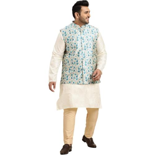 Size 54 color Beige with Blue flowers Sojanya PLUS (Since 1958), Men's Silk Blend Printed Nehru Jacket