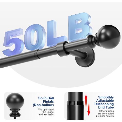 Short Curtain Rod 16-28 Inch Adjustable, 1 Inch Diameter Small Window Drapery Rod - Hidden Screw Brackets, for Bathroom Kitchen, Heavy Duty Metal, Black Round Finials