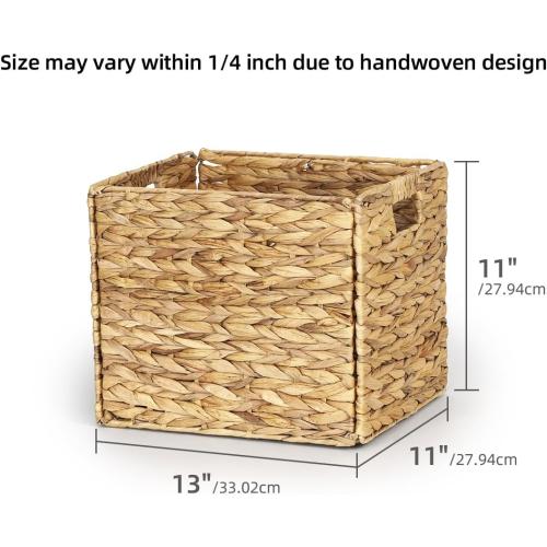 4 Pack Size  13 x 11in Rectangular Wicker Storage Bins, Water Hyacinth Baskets, Foldable Wicker Baskets, Storage Basket with Built-in Handles, Handwoven Natural Basket for Shelves, Outdoor
