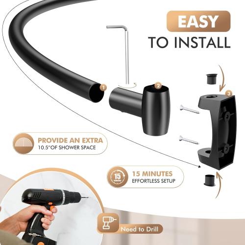 Bonpally Curved Shower Curtain Rod for Bathroom, 40-72 Inches Adjustable Curved Shower Rod, 0.9MM Aluminum Shower Curtain Rod with Rotating Brackets for Extra Shower Space, Need to Drill, Black