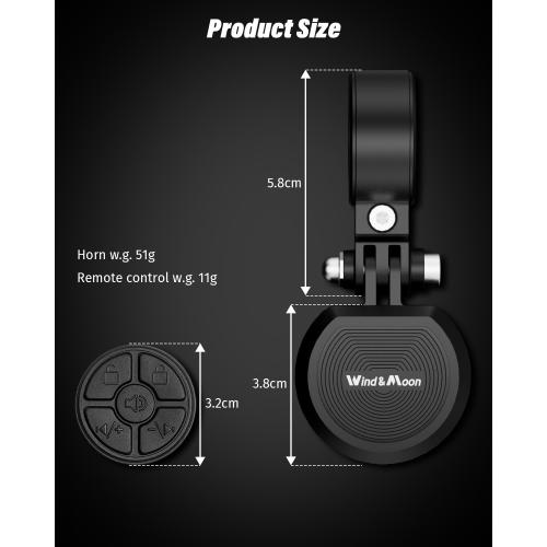 Black Wind&Moon Electric Bike Bell, 80-130DB Anti-Theft Alarm Adjustable Bike Horn, IPX6 Waterproof with USB Rechargeable Scooter Horn, Bicycle Bell, Warning Horn (Remote Control 4 Tones, 4 Tones, 1 Tone)