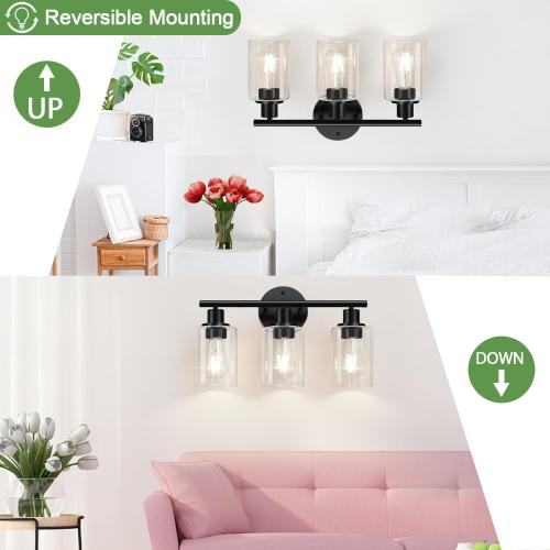 3-Light Bathroom Light Fixtures, 17.23 Black Modern Vanity Lights with Clear Glass Shade, Bathroom Wall Lamp for Mirror Kitchen Living Room Hallway Cabinet Porch