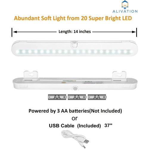 Alivation Closet Lights Battery Operated Led Lights, Motion Sensor Light Indoor Under Cabinet Lights, Under Counter Lights for Kitchen, 3 AA Battery Powered/DC Input Lights, Day & Night Mode, Dimmable