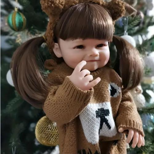 Reborn Baby Doll, 55.88 cm Soft Vinyl, Lifelike Eyes, Deep Brown with Bunny Ears, Collectible