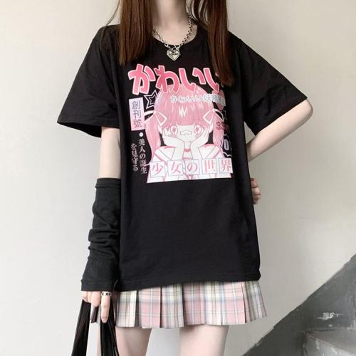 Size 2XL Pastel Goth Japanese Fashion Kawaii Clothes Soft Cotton Comic Print Girl's World T-Shirt
