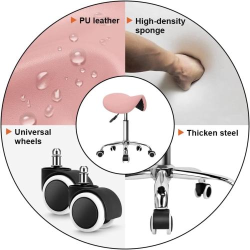 PINK KKTONER Rolling Saddle Stool PU Leather Swivel Adjustable Rolling Stool with Wheels Salon Chair