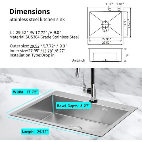 30 inch Kitchen Sink Drop in Stainless Steel Top Mount Sink with Brushed Finish, Single Bowl Workstation Sink with Basket Strainer and Kitchen Sink Caddy Organizer 29.5D x17.7W x 8.3H