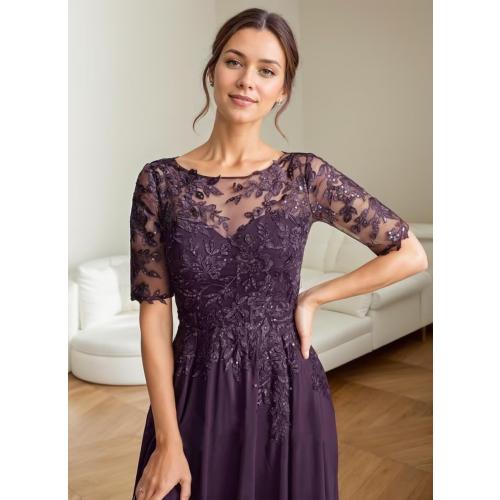Size M.  Tea Length Mother of The Bride Dresses for Wedding Sequin Lace Formal Evening Dress with Pockets JH016