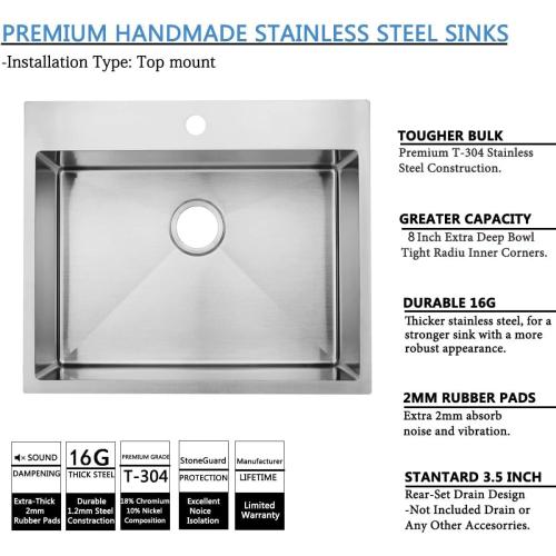 SHACO 25x22 Inch Drop In Kitchen Sink, Top Mount 16 Gauge 304 Stainless Steel 8 Inch Deep Drop In RV Laundry Utility Sink, Brushed Nickel Single Bowl Sink Topmount Overmount Sinks with Drain