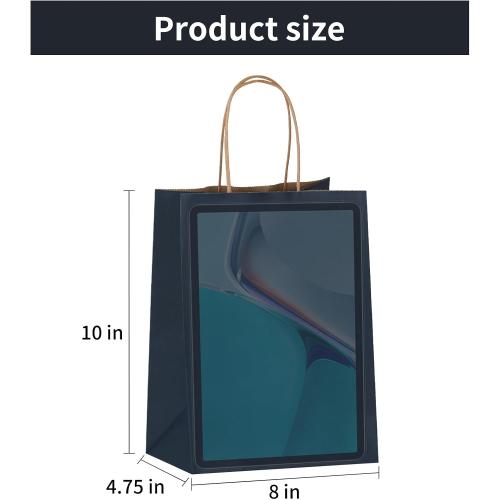 Joybe 50 Pack 8x4.75x10 Inch Medium Navy Blue Kraft Paper Bags with Handles Bulk, Craft Paper Gift Bags for Party Favors Grocery Retail Shopping Business Goody Merchandise Take Out Blank Sacks (50pcs)