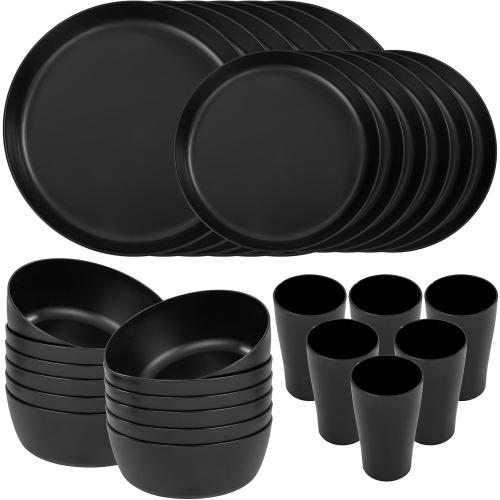 EjonirInjonir 24pcs Non-Toxic Black Wheat Straw Dinnerware Sets for 6 Home