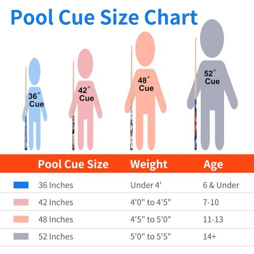 Kids Short Pool Cue Set of 2, Canadian Maple Wood, 4 Sizes (36/42/48/52 Inch) with UV-Printed Fun Designs and Leather Tip