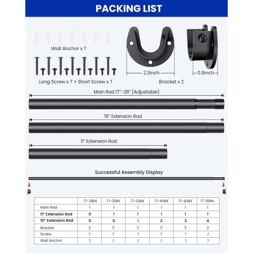 Closet Rods for Hanging Clothes, 17 to 129 Inches Stepless Adjustable Metal Closet Rod, 1.3 Inches Heavy Duty Clothes Hanging Rod for Closet Wardrobes Laundry RV, Black