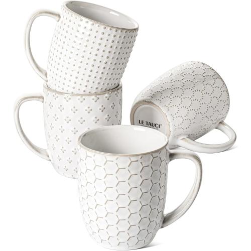 LE TAUCI Coffee Mugs 12 oz, Ceramic Mug Set Set of 4, Embossment Cups for Espresso, Latte, Tea, Cocoa, Cappuccino & Mocha, Dishwasher Oven Microwave Safe - 3.4 inch, Arctic White