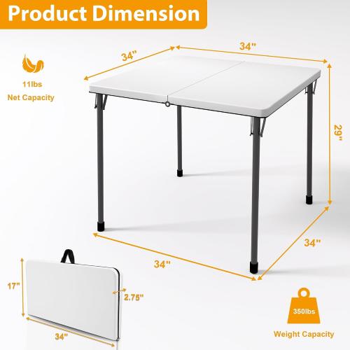 Kasunpul 34 Folding Table, Portable Square Folding Card Table with Collapsible Legs & Carrying Handle, Plastic Tables for Camping,Picnic, Office, Party, White
