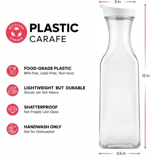 GUSTO [50 oz - 4 Pack] Plastic Carafe with Lid, Large Capacity Square Base - Clear Pitcher with Flip Top Lid, Easy-Pour Spout Juice Containers with Lids, Hand Wash Only - Perfect for Mimosa Bar