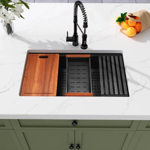 Black Undermount Kitchen Sink,16 Gauge Stainless Steel Sinks,Single Bowl Workstation Sink,Modern Kitchen Sink Offset Drain (33 X 18)