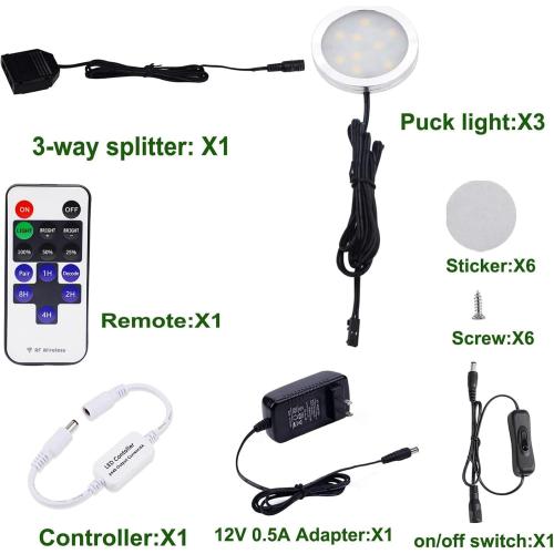 AIBOO Dimmable LED Under Cabinet Puck Lights 3 Lamps Kit with RF Remote Control for Home Kitchen Counter Lighting (Warm White 2700K)