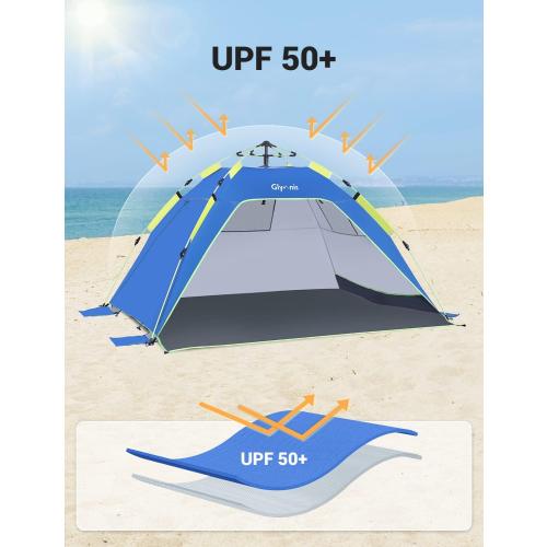 Glymnis Pop Up Beach Tent Sun Shade Shelter for 3-4 Person with UPF 50 , Lightweight & Easy Setup, Vent Windows & Zippered Door, Extended Floor Family Instant Beach Tent